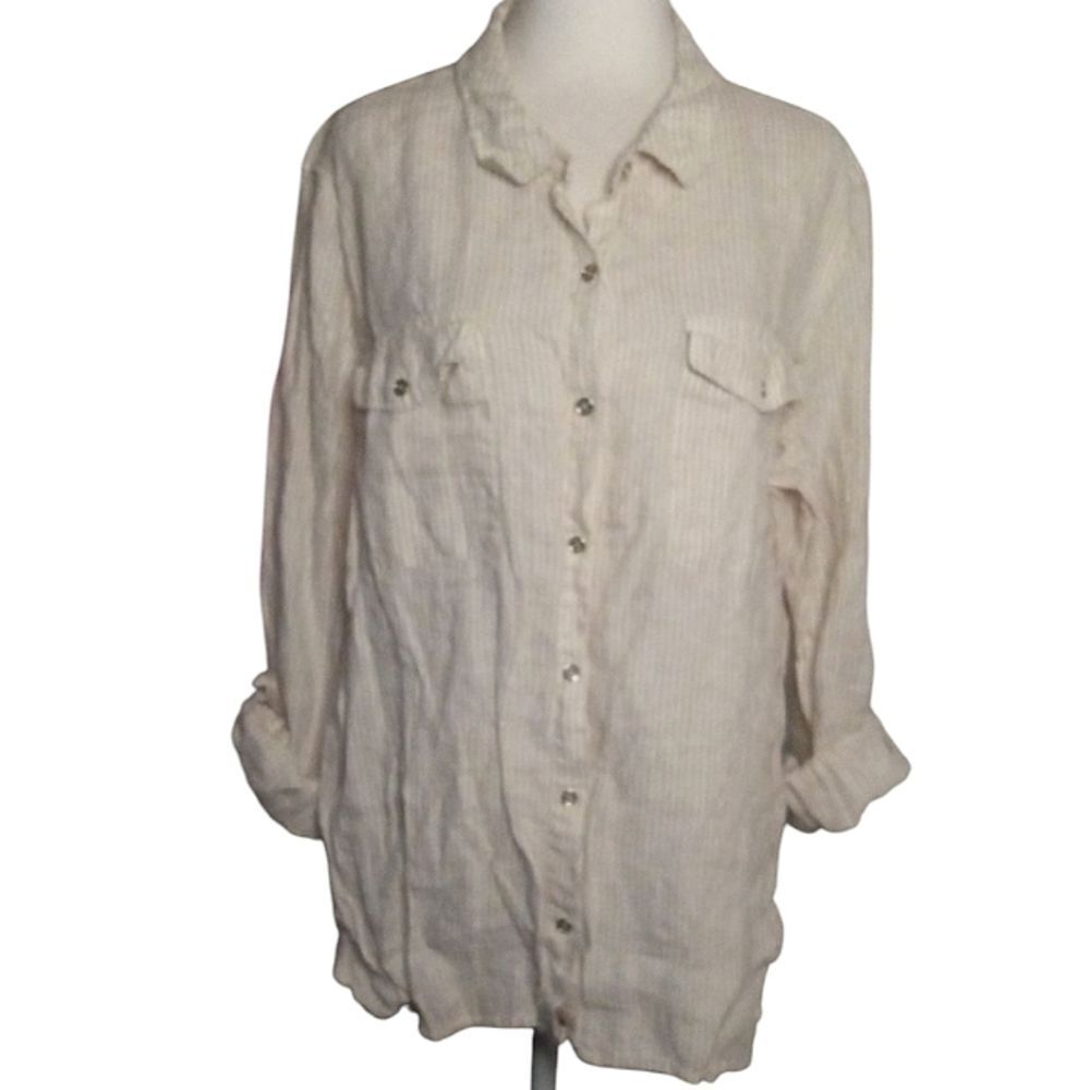 Tommy Hilfiger Tan White 100% Linen Pinstripe Button Front Top Size XXL